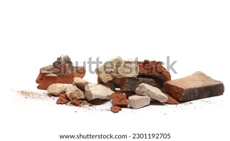 Pile shattered red tiles pieces and stone isolated on white, side view  