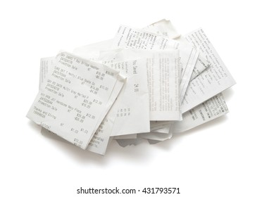 Pile of shopping receipts on white background