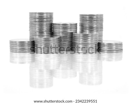 Pile of silver coins isolated on white background. Silver empty coins stack.