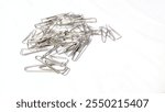 A pile of silver paperclips scattered on a white background