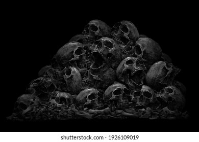 Pile Of Skull And Bone, On Black Background, scary crime concept,still life style