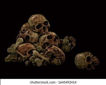 Pile of Skulls and bone in dark black background