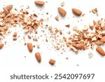  Pile of small almond crumbs on white background close up. Image illustrated food for advertisement