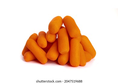 A Pile Of Snack Size Baby Carrots Isolated On White