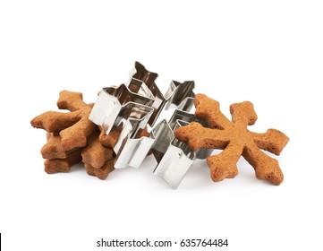 Pile Of Snowflake Cookies And Metal Cookie Cutter, Composition Isolated Over The White Background