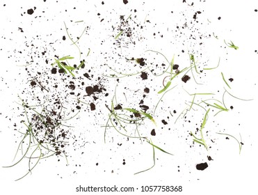 Pile Of Soil, Dirt With Grass Isolated On White Background, Top View