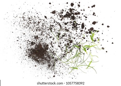 Pile Of Soil, Dirt With Grass Isolated On White Background, Top View