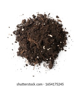 Pile Of Soil With Mineral Fertilizers For Gardening Isolated On White Background. Isolated Ground Heap, Dirt Earth Pile Or Garden Peat Top View