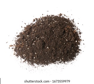 Pile Of Soil With Mineral Fertilizers For Gardening Isolated On White Background. Isolated Ground Heap, Dirt Earth Pile Or Garden Peat Top View