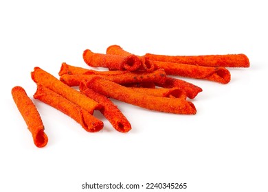 Pile of spicy corn chips isolated on white background. Hot rolled chips. - Shutterstock ID 2240345265
