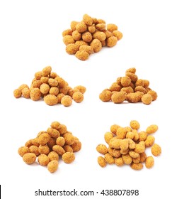 Pile of spicy flavour crunchy coated nuts isolated over the white background, set of five different foreshortenings