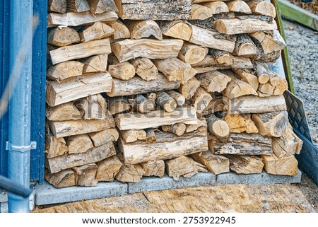 A pile of split firewood logs stacked outdoors on concrete blocks ready for use as fuel during cold seasons with natural wood texture and bark visible.