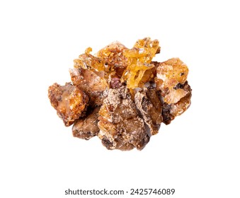 Pile of spruce tree Picea abies resin pieces, isolated on white background. Using spruce resin in medicine and beauty industry concept. Flat lay studio shot.