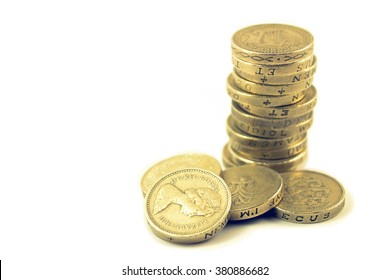 Pile Or Stack Of Old UK 1 Pound Coins