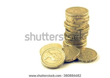 Pile or stack of old UK 1 pound coins