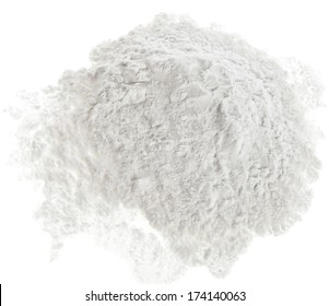 Pile of strach powder surface top view close up  isolated on white background