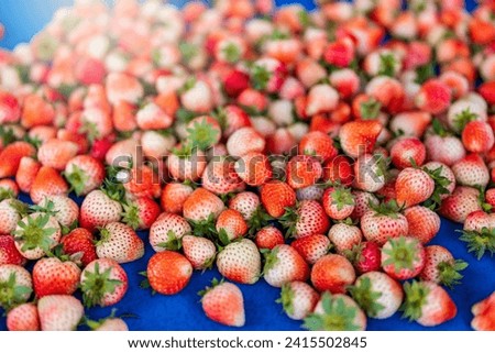 Pile strawberry on table at market stall.