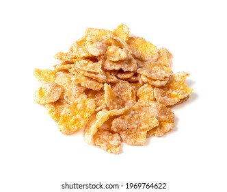 Pile Of Sugar-coated Cornflakes Closeup On White Background