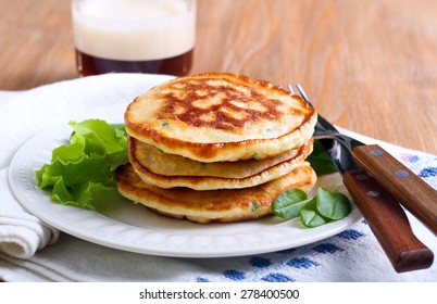 Pile Of Sweetcorn And Herb Pancakes On Plate