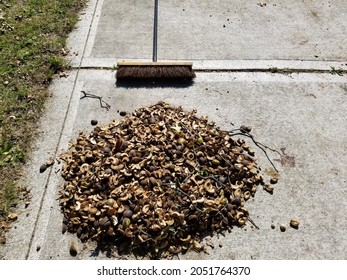 Pile Of Swept Up Yard Debris With Push Broom Laying On Concrete Driveway