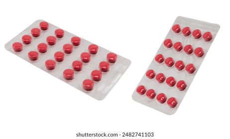 Pile of tablets pill in silver blister packaging isolated on white background. Aluminium foil blister pack. Pharmacy products. Medicine pills and drugs close up. Pills background - Powered by Shutterstock