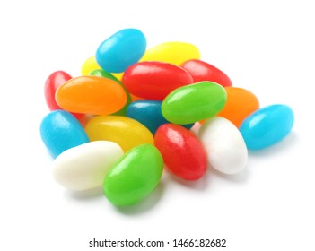 Pile Of Tasty Bright Jelly Beans Isolated On White