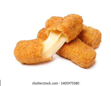 Pile of tasty cheese sticks isolated on white
