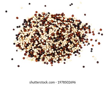 Pile Of Tricolour Quinoa Seeds Mix Closeup On White Background