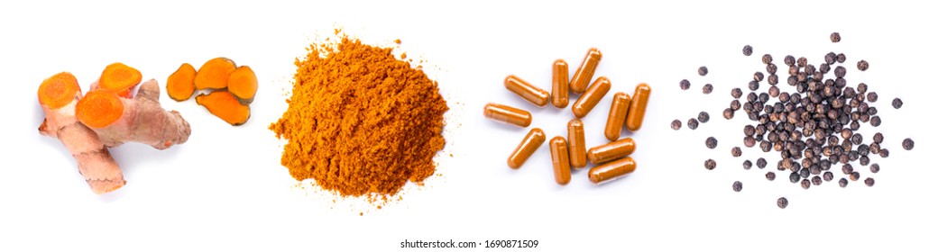Pile of tumeric root with slice, curcumin powder, Curcuma capsules and black peppercorns isolated on white background. Health benefits and antioxidant food concept. Top view. Flat lay.  - Powered by Shutterstock