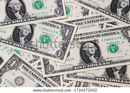 Pile of United States of America one dollar bills. Finance, banking, savings, raise and money concept