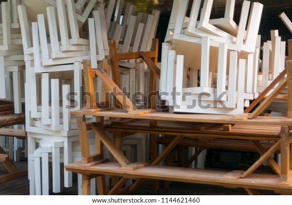 Pile Upturned Tables Chairs Backyard Restaurant Stock Photo Edit