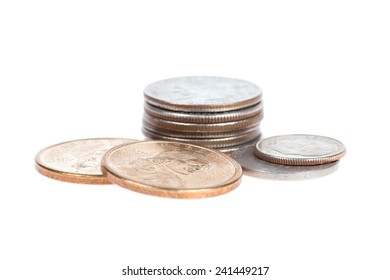 Pile Of US Coins Isolated On White Background