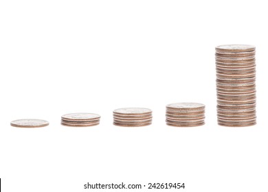 Pile of US coins isolated on white background - Shutterstock ID 242619454
