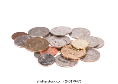 Pile Of US Coins Isolated On White Background