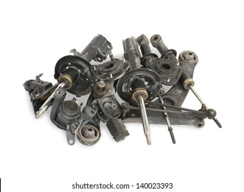 Pile Of Used Auto Parts Isolated On White Background