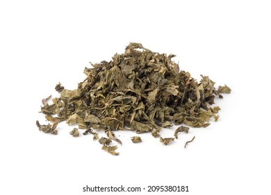 pile of used or brewed dried green tea leaves, to be used as natural organic fertilizer, increase nutrient levels and improve soil quality, isolated on white