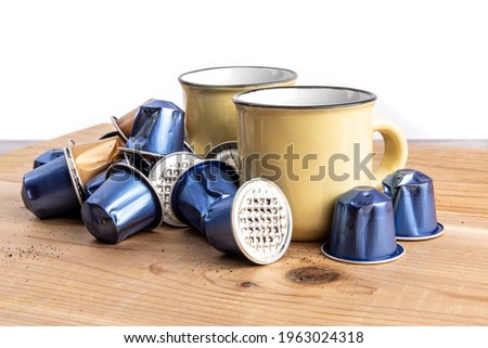 Similar – Image, Stock Photo Espresso maker and small cup in front of blue sky and the coast of Crete