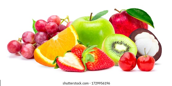 Pile of various types of fresh organic fruits ( red strawberry, green apple, mangosteen, kiwi, orange, acerola cherry and grapes fruit ) isolated on white background.  - Shutterstock ID 1729956196
