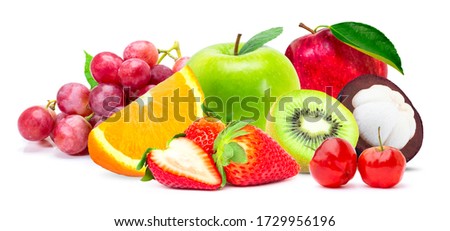 Pile of various types of fresh organic fruits ( red strawberry, green apple, mangosteen, kiwi, orange, acerola cherry and grapes fruit ) isolated on white background. 