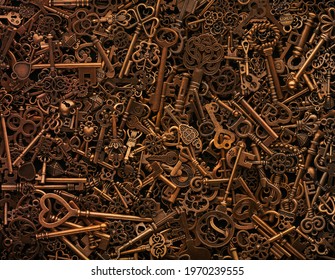 Pile Of Vintage Bronze Skeleton Keys.