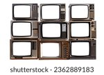 Pile of vintage televisions with cut out screen with clipping path isolated on white background.