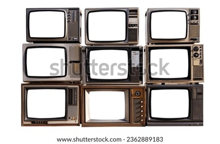 Pile of vintage televisions with cut out screen with clipping path isolated on white background.