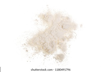 Pile of wheat flour isolated on white background. Top view. Flat lay