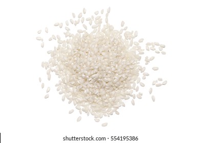 Pile Of White Glutinous Rice Isolated On White Background. Top View.