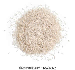 Pile Of White Rice On White Background. Close Up, Top View, High Resolution Product.