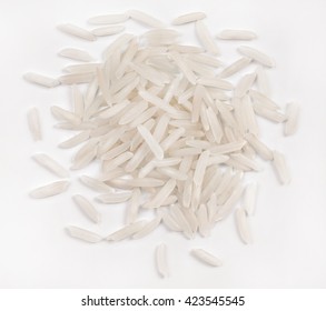 Pile Of White Rice On White Background. Close Up, Top View, High Resolution Product.