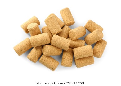 Pile Of Wine Corks On White Background, Top View. Bottle Cap