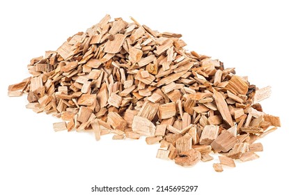 Pile Of Wood Chips Isolated On A White Background. Wood Chips For Smoking, BBQ Or Recycle.