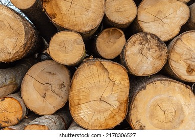 Pile Of Wood Logs Storage For Industry.Stacked Loggs Of Fire Wood Texture Background.Selective Focus.