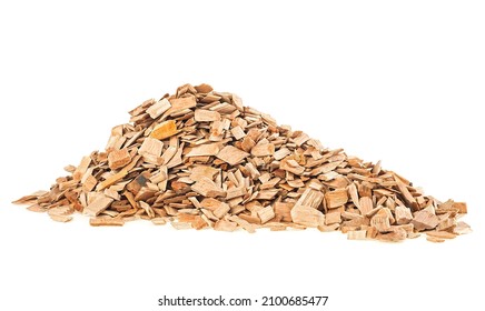 Pile Of Wood Smoking Chips Isolated On A White Background. Ecological Fuel.